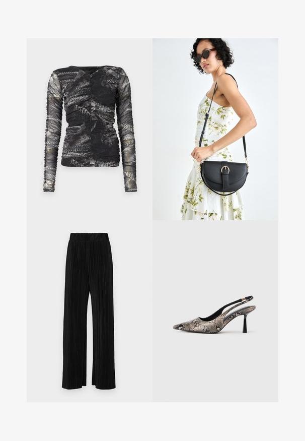 Langarmoberteil mit schwarzem und grauem Schlangenprint; aus einem strukturierten, dehnbaren Material mit gerafften Details an den Seiten.; Schwarze plissierte Hose mit elastischem Bund. Verfügt über weite Hosenbeine und einen glatten, strukturierten Stoff mit vertikalen Streifen.; Spitze Slingback-Schuhe aus strukturiertem Schlangenprint-Material, mit einem schlanken schwarzen Absatz und einem Ausschnitt-Design an den Seiten.; Schwarze Lederhandtasche mit geschwungener Form, abnehmbarem Tragegurt und goldenen Beschlägen. Die Tasche verfügt über einen Deckel mit einer Schnallen-Details.