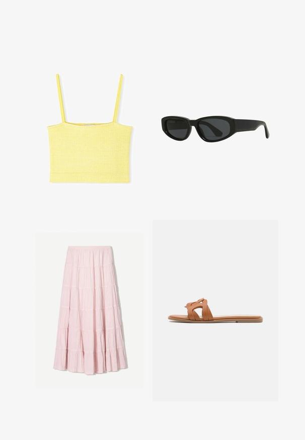 Geel cropped tanktop met dunne bandjes, gestructureerde stof en een rechte halslijn. Heeft een aansluitende vorm en een nette zoom.; Lichtroze, gelaagde maxi-rok van een gestructureerde, lichte stof. Elastische tailleband en vloeiende zoom met ruches.; Tan leren slide sandalen met gekruiste banden, platte zool en minimalistisch ontwerp. Glad textuur zonder zichtbare patronen of hardware.; Zwarte zonnebril met een strak, hoekig ontwerp. Gemaakt van kunststof, met donkere lenzen en een gladde, glanzende textuur. Geen opvallende accenten.; Bruine leren schoudertas met een gebogen vorm, gouden hardware, bovenklepdetail en een logoaccent. Gladde textuur met gestikte randen.