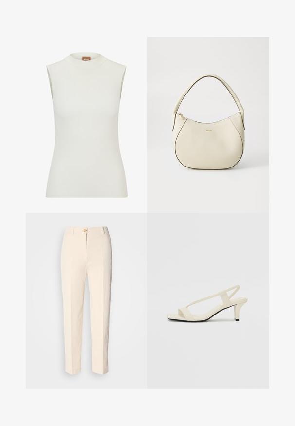 Hvit ermeløs topp med høy hals, med ribbestruktur og tettsittende design. Merkevaren "BOSS" synlig på kragen.; Kremfargede, høy-taljede bukser laget av teksturert stoff. Har lukking med frontknapp og avsmalnende ben.; Beige blokk-høydesandaler med tynne stropper og firkantet tå. Glatt materiale med minimale detaljer, designet for enkel bruk.; Kremfarget håndveske med teksturert overflate, buet form, kort håndtak og gullfarget logo. Glidelås lukking på toppen.