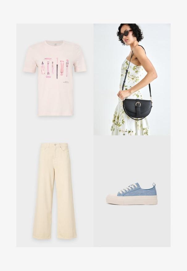 Pink short-sleeve t-shirt featuring a graphic of beauty products in various shades of pink, with "Beauty Essentials" text at the bottom.; Beige wide-leg jeans made of cotton. Features a button closure, belt loops, and front pockets with a smooth, soft texture.; Light blue canvas sneakers with a cream rubber toe cap and outsole, featuring white laces and a pull tab on the heel.; Black leather handbag with a curved shape, detachable strap, and gold hardware. The bag features a flap with a buckle detail.