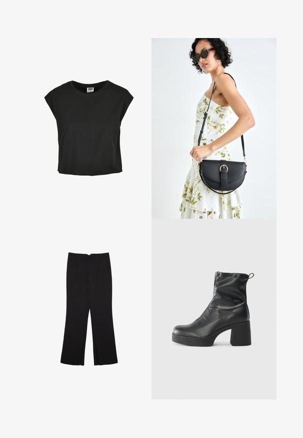 Musta puuvillainen t-paita, jossa on lyhyet, alaslasketut hihat, pyöreä kaula-aukko ja väljä istuvuus. Liukas pinta ja lyhyt malli.; Mustat housut suoralinjaisella leikkauksella, joissa on etutaskut ja sivurei'ät helman alla. Valmistettu pehmeästä ja sileästä kankaasta. Sopii eri tilaisuuksiin.; Mustat nilkkurit, jotka on valmistettu sileästä nahasta. Niissä on sivuvetoketju, paksu teksturoitu korko ja pyöristetty kärki.; Musta nahkainen käsilaukku, joka on kaareva muotoilultaan, irrotettavalla hihnalla ja kultaisilla yksityiskohdilla. Laukussa on läppä, jossa on solk yksityiskohta.