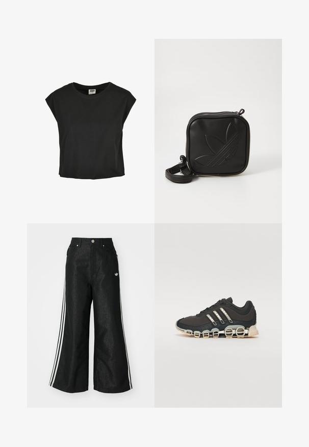 Musta puuvillainen t-paita, jossa on lyhyet, alaslasketut hihat, pyöreä kaula-aukko ja väljä istuvuus. Liukas pinta ja lyhyt malli.; Mustat leveät farkut kolmella valkoisella raidalla jokaisella sivulla ja pienellä valkoisella logolla. Ominaisuuksiin kuuluvat etutaskut ja napitus.; Musta urheilujalkine, jossa on teksturoitu päällinen, kolme hopeista raitaa ja erottuva vaimennustuli, jonka rakenne koostuu useista integroituista osista.; Mustikka neliö muotoinen olkalaukku, joka on valmistettu teksturoidusta synteettisestä materiaalista. Varustettu kohotetulla logolla ja säädettävällä hihnalla. Vetoketjukiinnitys.