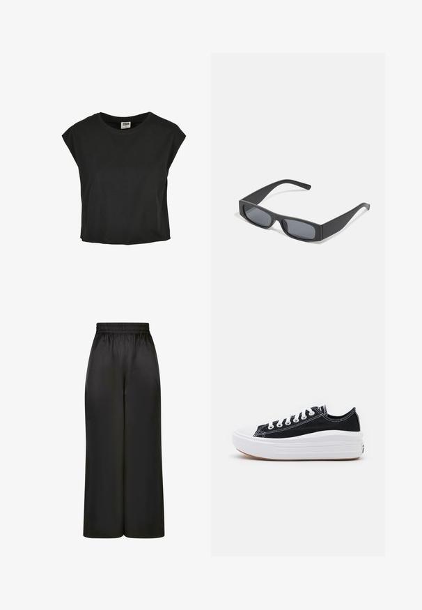 Fekete pamut póló rövid, leengedett ujjal, kerek nyakkivágással és laza szabással. Simább textúra és rövidített hossz.; Fekete, bő szárú nadrág, sima, fényes anyagból, rugalmas derékrésszel, látható zsebek vagy fém részletek nélkül.; Fekete vászon sportcipők fehér fűzővel, fehér gumi orral és vastag fehér középtalppal. Finom fehér varrással és gumi talppal rendelkezik.; Fekete téglalap alakú napszemüveg sötét lencsékkel és vastag, matt kerettel. A szárak enyhén elkeskenyednek, sima felületűek.