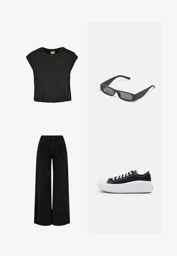 Must mustaga T-särk lühikeste, madalate varrukatega, ümmarguse kaelusega ja laia lõikega. Sile tekstuur ja lühike pikkus.; Must värvilised laiad püksid, mis on valmistatud kergest kangast, esiosas volditud, nupuga kinnitamine ja puhas viimistlus allääres.; Mustad mustad kingad valgete paeltega, valge kummist varbakattega ja paksu valge vaheosaga. Omab diskreetset valget õmblust ja kummi talla.; Mustad ristkülikukujulised prillid tumepruunide objektiividega ja paksude mattmustade raamidega. Raamide varred on veidi kitsenenud ja neil on sile tekstuur.