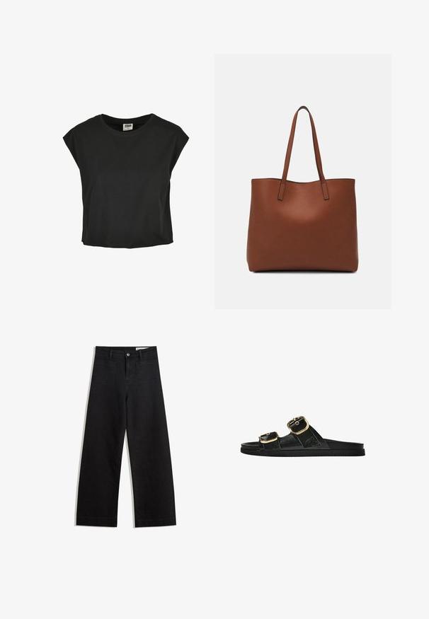 Svart bomull T-shirt med korta, neddragna ärmar, rund halsringning och en lös passform. Slät textur och kort längd.; Svarta vida denimbyxor med hög midja, med fram- och bakfickor, sydda sömmar och knappstängning. Slät textur.; Svart glidsandal med två guldfärgad spännen, slät textur av material, platt sula och en minimalistisk design.; Brun läder tote-väska med en slät textur, öppen toppdesign och två axelremmar. Har minimal söm och ingen synlig metalldetalj.