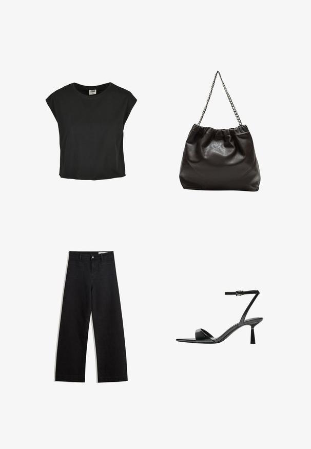 Musta puuvillainen t-paita, jossa on lyhyet, alaslasketut hihat, pyöreä kaula-aukko ja väljä istuvuus. Liukas pinta ja lyhyt malli.; Mustat leveät farkut korkealla vyötäröllä, joissa on etu- ja takataskut, ommellut saumat ja nappisuljenta. Silkinoinen rakenne.; Bershka Korolliset sandaalit - black; Ruskea nahkainen laukku, jossa on kerätty yläosa ja ketjuhihna. Tasainen pinta, jossa kiiltävä viimeistely ja hienovaraiset sauman yksityiskohdat sivuilla.