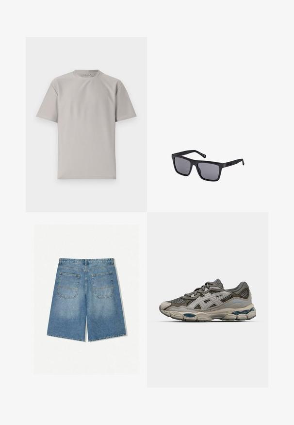 Lys grå ribbet t-shirt med rund halsudskæring og korte ærmer. Har en blød tekstur og et rent design, velegnet til afslappet brug.; Lysblå denimshorts med en løs pasform, der har to baglommer og synlige sting. Stoffet har en blød, glat struktur.; Grå og beige atletisk sko med mesh-paneler, prikket tekstur og sølvfarvede accenter. Har en polstret sål og snørebåndsdesign.; Sorte rektangulære solbriller med mørke linser, en mat overflade og logo detaljer på stængerne. Designet har lige kanter og tykke stel.