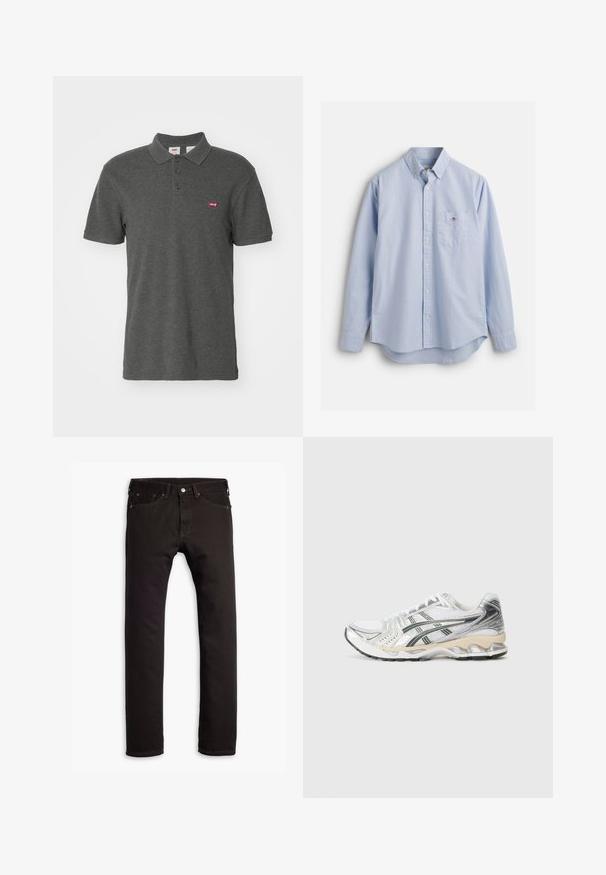 Levi's® Polotričko - dark charcoal heather; Světle modrá košile s dlouhým rukávem a knoflíkovým zapínáním, s límečkem, kapsou na prsou a zakřiveným lemem. Vyrobena z měkké látky s hladkou texturou.; Černé slim-fit džíny s pěti kapsami a zapínáním na knoflík, vystavené v rovině na bílém pozadí.; Bílé sportovní boty se stříbrnými a černými akcenty, síťovaný svršek, texturovaný design, polstrovaná podrážka a flexibilní vzor podrážky.