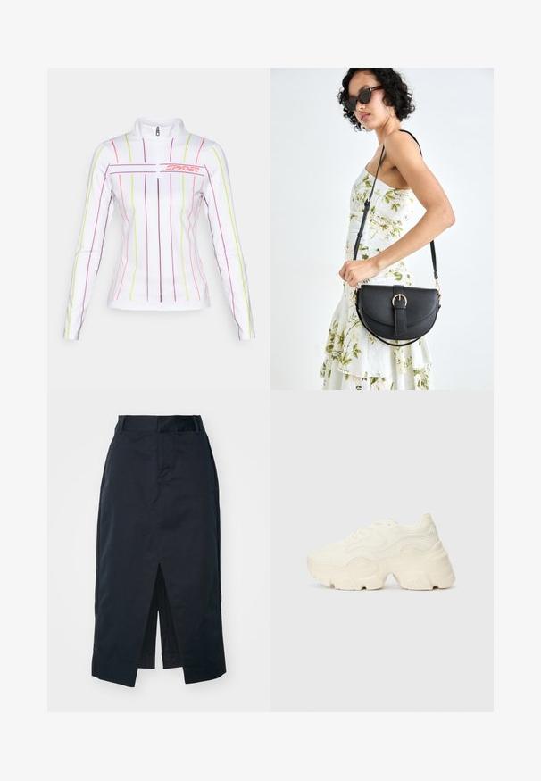 Hvit langermet treningshirt med halv glidelås, med vertikale flerfargede striper i rosa, lilla og neon gul.; Mørk marine midi skjørt laget av bomullsblanding, med et frontslitt, skjult glidelås og sidelommer for funksjonalitet.; Chunky hvite sneakers laget av teksturert mesh og syntetiske materialer, med en tykk såle og intrikate mønsterdetaljer langs sidene.; Svart lærveske med en buet form, avtagbar stropp og gullbeslag. Vesken har et klaff med spenne-detall.