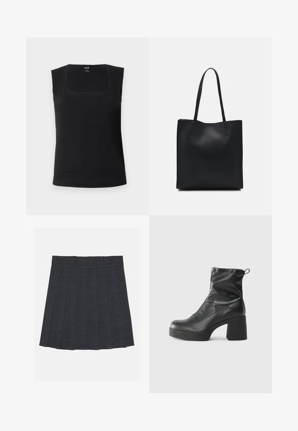 Top negru fără mâneci, cu decolteu pătrat. Fabricat dintr-un material moale, are o siluetă ajustată și o textură netedă, potrivit pentru stratificare.; Fustă plisată de culoare gri închis, cu un elastic în talie, având un material texturat și o siluetă clasică în A. Potrivită pentru ținute casual.; Bocanci negri de glezna din piele netedă, cu fermoar lateral, toc texturat și masiv, și design cu vârf rotund.; Geantă tote neagră din piele, cu textură netedă, formă rectangulară și două mânere lungi. Fără hardware vizibil sau ornamente.