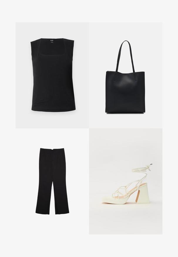 Crni top bez rukava s kvadratnim izrezom. Izrađen od mekog materijala, ima usku siluetu i glatku teksturu, pogodnu za slojevito oblačenje.; Crne hlače ravnog kroja, s prednjim džepovima i bočnim prorezima na rubu. Izrađene od mekog i glatkog materijala. Pogodne za razne prigode.; Bijela sandala na visokoj potpetici s debelim petom, s remenom i vezanjem oko gležnja. Glatka tekstura s platformom sprijeda za dodatnu visinu.; Crna kožna torba za nošenje s glatkom teksturom, pravokutnim oblikom i dvije duge ručke. Nema vidljivih metalnih dijelova ili ukrasa.