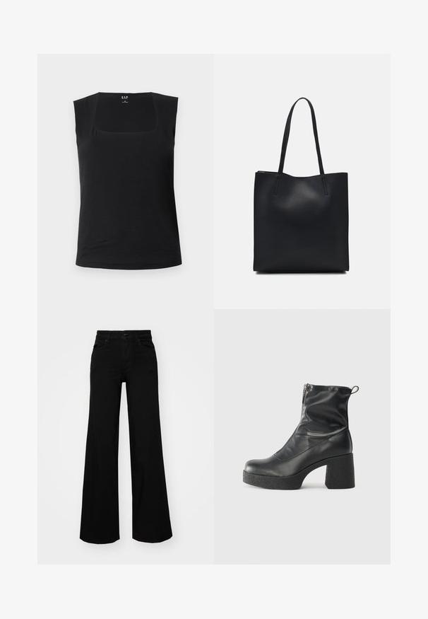 Svart ärmlös topp med fyrkantig halsringning. Tillverkad av mjukt tyg, den har en figurnära silhuett och slät textur, vilket gör den lämplig för lager-på-lager styling.; Svarta vida byxor i denim, med en strukturerad midja, bältesöglor och framfickor. Slät textur med en klassisk design.; Svarta ankelstövlar i slitstark läder, med sidodragkedja, kraftig strukturerad klack och rundad tådesign.; Svart lädertoffelväska med slät textur, rektangulär form och två långa handtag. Ingen synlig hårdvara eller dekorationer.