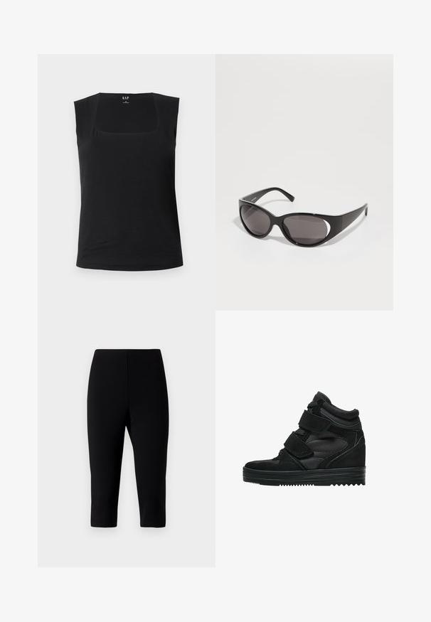 Schwarzes ärmelloses Oberteil mit quadratischem Ausschnitt. Hergestellt aus weichem Stoff, zeichnet es sich durch eine taillierte Silhouette und eine glatte Textur aus, die sich gut für das Schichten eignet.; Schwarze Caprihosen aus dehnbarem Material, mit einem figurbetonten Design, das knapp unter dem Knie endet, einer glatten Textur und ohne sichtbare Nähte.; Schwarze High-Top-Sneaker aus Wildleder und Mesh, ausgestattet mit Velcro-Riemen, einer glatten Oberfläche und einer strukturierten Gummisohle für besseren Halt.; Schwarze Sonnenbrille mit ovalen Gläsern und einem eleganten Design. Die Rahmen sind glänzend und breit und verfügen über eine Aussparung an den Seiten.; Braune Stoffschultertasche mit einem breiten, runden Körper und einem großen Ausschnittgriff. Sanfte Textur, minimalistisches Design und keine sichtbaren Beschläge.