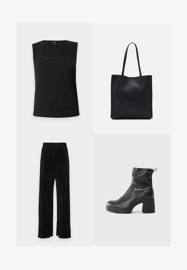 Top nero senza maniche con scollo quadrato. Realizzato in tessuto morbido, presenta una silhouette aderente e una texture liscia, adatta per essere indossato a strati.; Pantaloni neri a plissé con vita elasticizzata. Presentano gamba ampia e un tessuto liscio e texture con strisce verticali.; Stivali neri alla caviglia in pelle liscia, con zip laterale, tacco spesso e texture, e punta arrotondata.; Borsa tote in pelle nera con texture liscia, forma rettangolare e due manici lunghi. Nessun hardware o decorazione visibile.