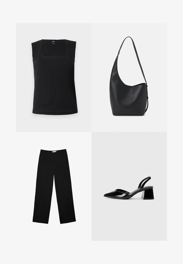 Zwarte mouwloze top met een vierkante halslijn. Gemaakt van zachte stof, het heeft een getailleerde pasvorm en een gladde textuur, geschikt voor het lagen van kleding.; Wijdere broek in zwarte stof, met een gladde textuur, strak ontwerp en een discrete zijrits als sluiting.; Zwarte gepatineerde leren slingback hakken met een spitse neus en een geometrische blokhak. Kenmerkt zich door een slank, minimalistisch ontwerp en een gladde textuur.; Zwarte leren hobo tas met een gladde textuur, kromme vorm en een enkele verstelbare schouderband; heeft een brede opening aan de bovenkant.