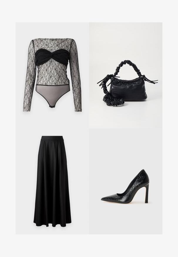 Hofmann Copenhagen PAULA - Ilgarankovis viršutinės dalies drabužis - black; Juoda, iki žemės tiesi sijonas su lygiu paviršiumi, plačiu juosmeniu ir pūtimo dizainu, be matomų raštų ar puošmenų.; Juoda smailiakulnė aukšto kulno bateliai su krokodilo odos tekstūra, pasižymintys elegantišku dizainu, aukštu stiletu kulnu ir lygia juoda vidine dalimi.; Juodas dirbtinės odos rankinė su krokodilo tekstūra, sušnibždinta viršuje ir susikraipytu dirželiu. Atrodo minkšta ir kompaktiška.