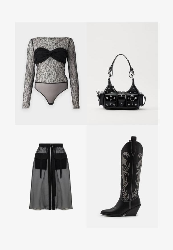 Hofmann Copenhagen PAULA - Bluză cu mânecă lungă - black; Fustă neagră transparentă cu un talie plisată, având două buzunare mari în față, un cordon pentru talie și un accent metalic circular.; Bocanci de cowboy din piele neagră, cu vârfuri ascuțite, toc wedge și modele florale brodate cu fir argintiu de-a lungul tijei. Cusături în contrast pe întreaga suprafață.; Geantă de piele neagră cu un design curbat, dotată cu studuri argintii, o cataramă și două buzunare laterale. Curea ajustabilă pentru opțiuni de transport.