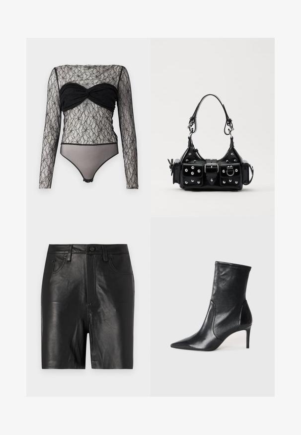 Hofmann Copenhagen PAULA - Top dugih rukava - black; Crne kožne hlače kratkog kroja s glatkom teksturom, s prednjim zatvaračem, kopčanjem na gumb i klasičnim dizajnom s pet džepova.; Crne gležnjače od glatke kože, s uskim vrhom, prilagođenom cijevi i tankim visokim potpeticama. Minimalistički dizajn bez vidljivih metalnih dijelova.; Crna kožna torba s zakrivljenim dizajnom, koja sadrži srebrne zakovice, kopču i dva bočna džepa. Podesiva traka za različite opcije nošenja.