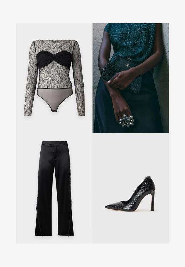 Hofmann Copenhagen PAULA - Pitkähihainen paita - black; Musta satiinifarkut leveillä lahkeilla, joissa on fringed yksityiskohtia sivusaumojen varrella ja tasainen vyötärönauha edessä. Takana pelkistetty ilme ilman taskuja.; Musta kapea nilkkakorkokenkä krokotiilin nahkakuviolla, joka on varustettu tyylikkäällä muotoilulla, korkealla stiletto-korkealla ja sileällä mustalla sisäosalla.; Musta krokotiilihäntäinen penaali, jossa on hopeiset yksityiskohdat, pidetään teksturoitua harmaata taustaa vasten. Pintamateriaali kiiltävä.