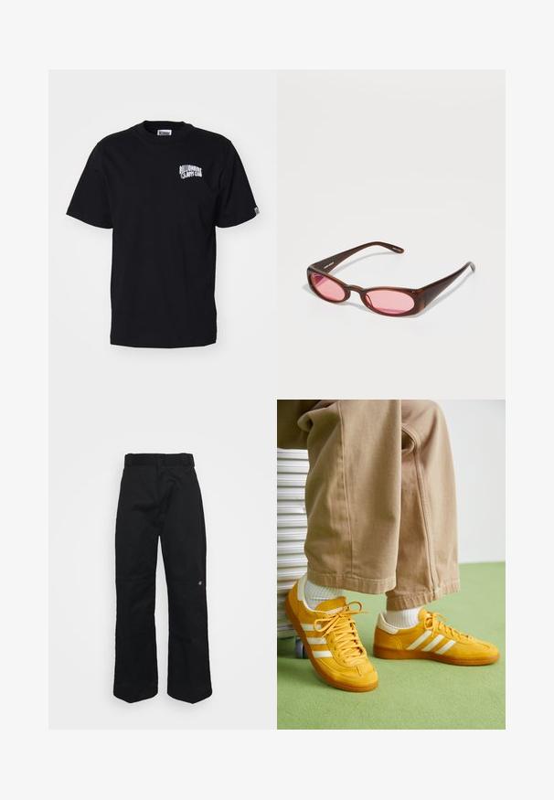 Must musta t-särk, ümmarguse kaelusega ja lühikeste varrukatega. Vasakule rinnaosale on trükitud valge logo. Lihtne kujundus, tavaline sobivus.; Mustad laiad püksid sileda tekstuuriga, regulaarse vöökohtadega ja väikese tikitud logoga paremal jalal.; Kollane nahast tossud valgete triipudega, mis on varustatud kummist tallaga, kangast paeltega ja polsterdatud kraega, koos beeži puuvillase pükstega.; Pruunide toonide jahedad prillid, millel on sulgeline, piklik ovaalne kuju. Raamid on valmistatud läikivast plastikust; läätsed on roosad ja neil on kerge kumerus.
