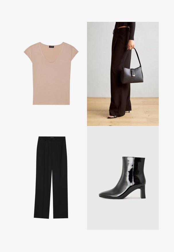 Beige V-neck t-shirt with short sleeves, made of soft fabric. Smooth texture, simple design, and finished with clean edges.; Black trousers with a straight-leg design, featuring two front pockets and a waistband. Made from a smooth, lightweight fabric.; Black patent leather ankle boot with a pointed toe and a mid-height block heel. Smooth texture and minimalist design.; Black handbag with structured shape, smooth texture, and a metallic clasp. Paired with wide black pants and open-toe sandals on wooden floor.