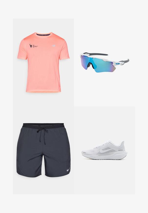 Kerge, lühikeste varrukatega jooksusärk erksas roosas, millel on tekstureeritud pind, New Balance'i logo ja trükis "TCS New York City Marathon 2025".; Nike jooksulühikesed tumedashallid, elastse vöökoha ja paelaga, ning hõbedane logoaktsent paremas allnurgas.; Valge sportlik king, millel on võrgust pealne osa, sujuva tekstuuriga kattekiht, hallid aktsendid, sidemed ja pehmendatud tald, mis on mõeldud sooritusvõime jaoks.; Valged raamidega päikeseprillid, hallide aktsentidega ja siniste peegelprillidega. Sportlik disain, ümber keha kujundus ja reguleeritavad ninasillad.