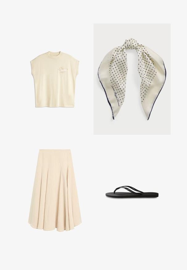 Krémové oversized tričko s krátkým rukávem, které má vyšívaný design ptáka na levé části hrudi v neutrálních tónech.; Beige midi sukně ve tvaru A s přehyby, vyrobená z lehkého materiálu, s hladkým pasem a rozšířeným lemem.; Černé žabky s texturovanou gumovou podrážkou, dvěma štíhlými popruhy a jemným, embosovaným logem na popruhu.; Hedvábný šátek s krémovým pozadím a námořnickými puntíky, uvázaný uprostřed; námořnický okraj; zahrnuje text "Lauren Ralph Lauren."; Hnědá semišová kabelka se strukturovaným tvarem, stříbrnými logovými kovovými doplňky, krátkým držadlem a odnímatelným ramenním popruhem. Hladký povrch, minimalistický design.