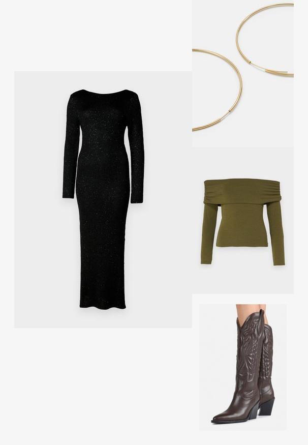 Olivovo zelený top s odhalenými ramenami a dlhými rukávmi, so zberaním, vyrobený z mäkkej tkaniny, s priliehavým strihom a rovnou spodnou časťou.; Čierne šaty s dlhým rukávom vyrobené z textúrovanej látky so priliehavým strihom a dĺžkou až po zem, so subtilným trblietaním po celom povrchu.; Hnedé kožené kovbojské topánky s špicatou špičkou a blokovým podrážkou, so zložitým prešívaním a vyvýšenými akcentmi na puzdre.; Čierna kožená clutch taška s klopou a zlatým kovovým detailom s prackou. Obsahuje čierny remienok a elegantný, minimalistický dizajn.; Zlaté kruhové náušnice, tenké a okrúhleho tvaru, s hladkým kovovým povrchom a bez ozdôb alebo vzorov.