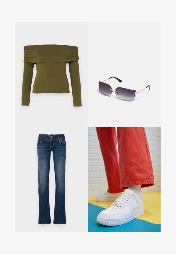 Olīvzaļš plecu augšdaļas garām piedurknēm tops ar ručkām, izgatavots no mīksta auduma, ar pieguļošu siluetu un taisnām apakšmalām.; Tumši zili bootcut džinsi ar diviem priekšējiem pogām, piecām kabatām un maigu izbalēšanu uz gurniem un ceļgaliem.; Baltās ādas kedas ar perforētu purngalu, teksturētu zoli un baltām auklām, apvienotas ar platām sarkanām biksēm un zilu un dzeltenu fona.; Saulesbrilles ar pelēko gradienta lēcu, zelta metāla rāmi un melnām plastmasas detaļām. Unikāli tauriņa formas lēcas ar plānām kājām.; Zelta auskari ar gludu, spīdīgu apdari. Apaļš dizains, kas ietver mazu tapu un caurspīdīgu pamatni drošai valkāšanai.