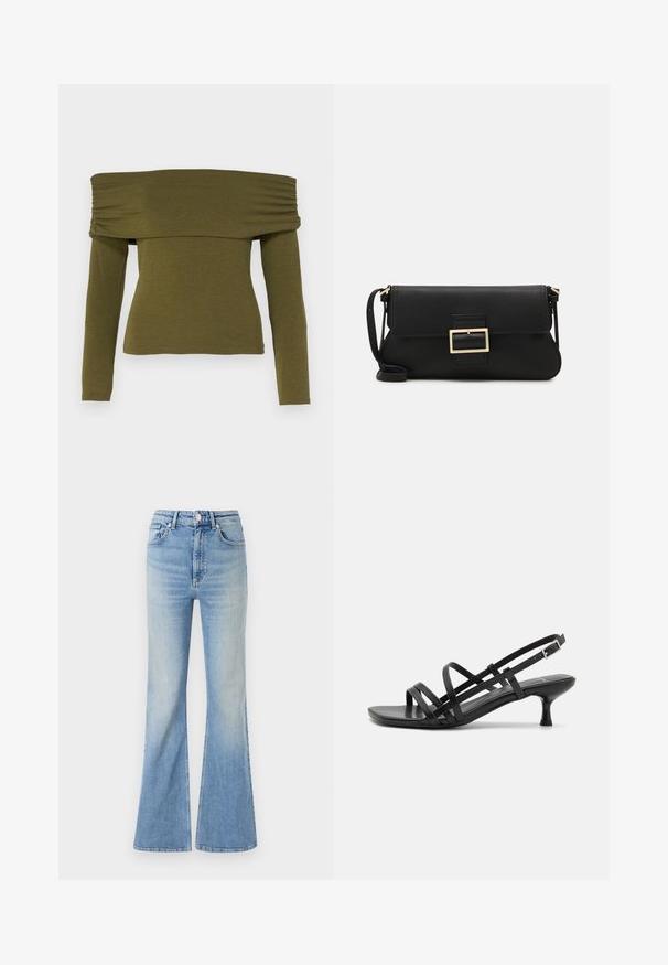 Olivově zelený top s dlouhým rukávem a volnými rameny se nařasením, vyrobený z měkké tkaniny, s přiléhavým střihem a rovnými lemy.; Světle modré rozšířené džíny vyrobené z džínoviny, s vysokým pasem, designem s pěti kapsami a jemným gradientním zesvětlením směrem k lemům.; Černé sandály na podpatku s několika křížovými pásky. Hladký materiál, špičatá špička a úzký podpatek. Nastavitelný pásek kolem kotníku s přezkou.; Černá kožená psaníčko s klopou a zlatým kovovým detailním sponou. Součástí je černý popruh a elegantní, minimalistický design.; Zlaté kruhové náušnice s hladkým, lesklým povrchem. Kruhový design s malým kolíčkem a průhledným záznamem pro bezpečné nošení.