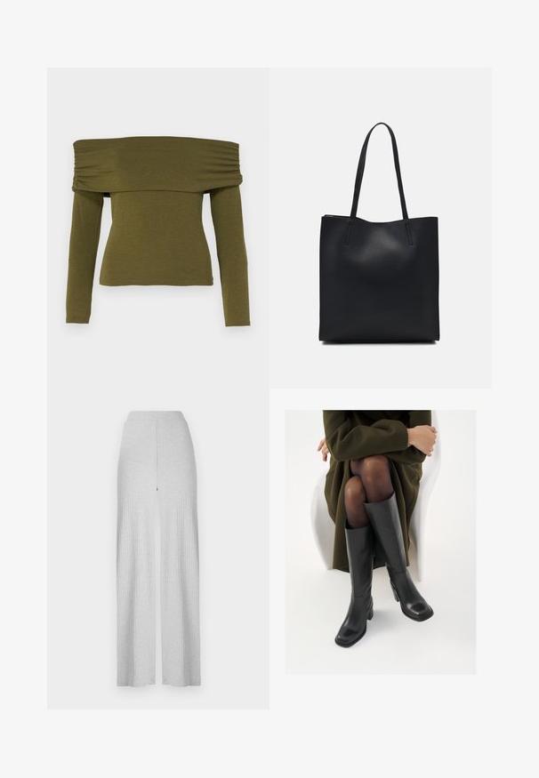 Olivengrønn off-shoulder langermet topp med ruching-detaljer, laget av mykt stoff, med en tilpasset silhuett og rett kant.; Lys grå ribbede bukser med vide ben, høy midje og en splitt foran. Laget av myk stoff med en glatt tekstur.; Knæhøye sorte lærstøvler med firkantet tå og blokkhelt, vist med en modell som sitter iført en olivengrønn kåpe. Glatt tekstur, minimal detaljering.; Svart lær tote bag med glatt tekstur, rektangulær form og to lange håndtak. Ingen synlige deler eller dekorasjoner.