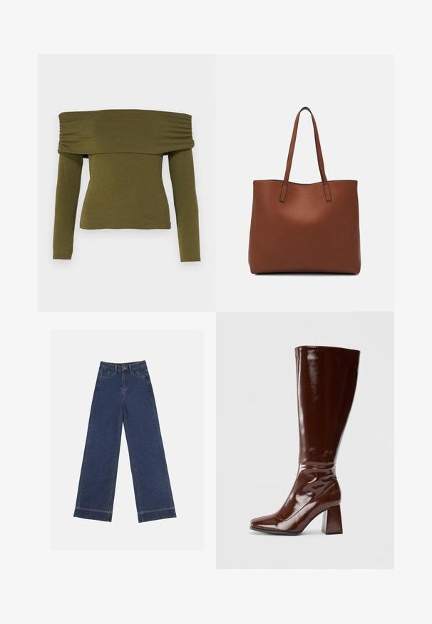Aliejinių žalių spalvų off-shoulder ilgo rankovė topas su suspaustu dizainu, pagamintas iš minkštos medžiagos, turintis prigludusį siluetą ir tiesų apatinį kraštą.; Plati džinsai tamsiai mėlynos denimo. Yra penki kišenės, diržo kilpos ir apatinė briauna su matomais siuvimo detalėmis.; Kelio aukščio rudos lakuotos odinės botai su kvadratiniu pirštu, blizgiu paviršiumi ir masyviu kulnu stabilumui. Be siūlių dizainas, be matomų tvirtinimo elementų.; Ruda odinė priekabų krepšys su glotnia tekstūra, atviru viršumi ir dviem petnešomis. Su minimalia siuvimo detalėmis ir nematoma aparatūra.