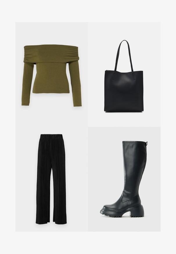 Olivnozeleni off-shoulder dolgimi rokavi top z gubami, izdelan iz mehkega blaga, z oprijetim krojem in ravnim robom.; Črne plisirane hlače z elastičnim pasom. Imajo široke noge in gladko, teksturirano tkanino z navpičnimi črtami.; Visoka črna usnjena škornja s debelim podplatnim solejem in blok peto, opremljena s potegom in strukturiranim profilom na podplatu.; Črna usnjena torba s svilnato teksturo, pravokotne oblike in dvema dolgima ročajema. Brez vidnih metalnih delov ali okrasnih elementov.