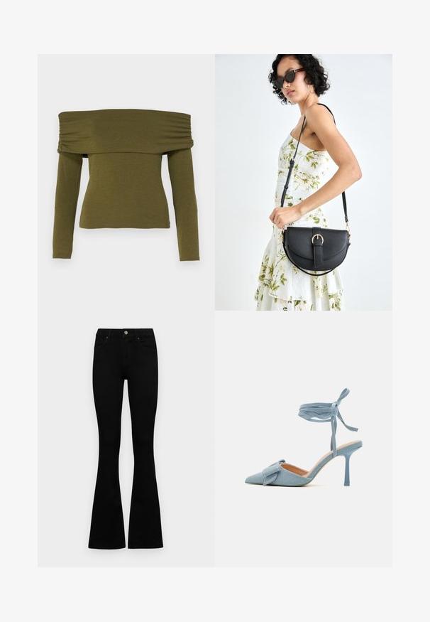 Olive green off-shoulder long-sleeve top with ruched detailing, made of soft fabric, featuring a fitted silhouette and a straight hem.; Black high-waist jeans with a button and zip closure, front pockets, and flared legs laid flat on a white background.; Pointed-toe high heel shoe in light blue fabric with a textured finish, featuring a bow accent and ankle strap for secure fit.; Black leather handbag with a curved shape, detachable strap, and gold hardware. The bag features a flap with a buckle detail.