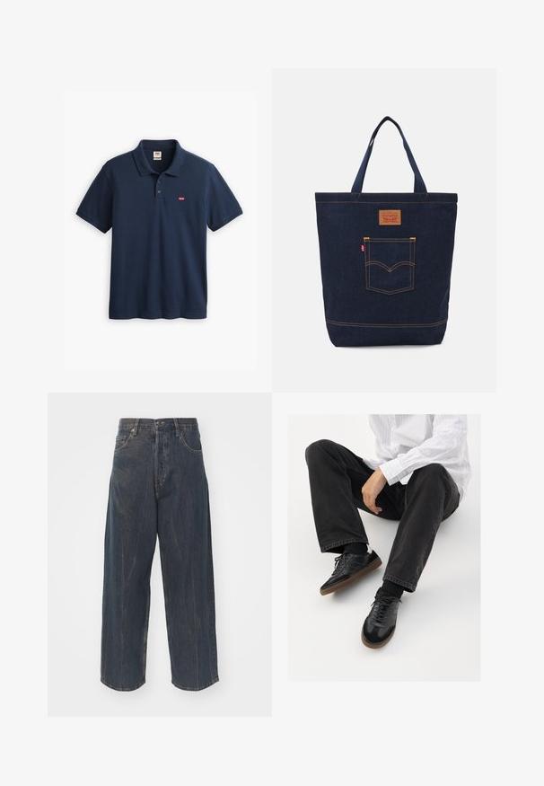 Polo azul marinho feito de algodão, com colarinho, placket de três botões e um pequeno patch do logo da Levi's no lado esquerdo do peito.; Calças de ganga largas de cor azul escuro com uma textura de desgaste subtil, cinco bolsos e um fecho clássico de botão e zíper na cintura.; Sneakers pretos com parte superior lisa e texturada, apresentando uma sola de borracha e atacadores escuros. Combinados com jeans pretos e uma camisa branca às riscas.; Bolsa tote de denim em azul escuro com duas alças, costura visível e um bolso frontal com um patch de logótipo clássico.
