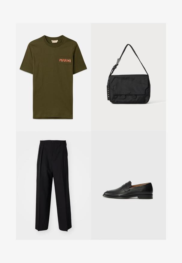 Oliwkowa bawełniana koszulka z okrągłym dekoltem, z małą kieszonką naszywaną oraz haftowanym napisem "MARNI" w czerwonym szyciu.; Czarne plisowane spodnie o prostym, szerokim kroju nogawek. Wykonane z gładkiego materiału, z zapięciem na guzik i pętelkami na pasek.; Czarne skórzane mokasyny z zaokrąglonym noskiem, subtelnymi przeszyciami i niskim obcasem, charakteryzujące się gładką teksturą i minimalistycznym designem.; Czarna nylonowa torba na ramię o płaskim kształcie, z klapą na zapięcie, dwoma okrągłymi guzikami i plecionym paskiem. Widoczna metka marki.