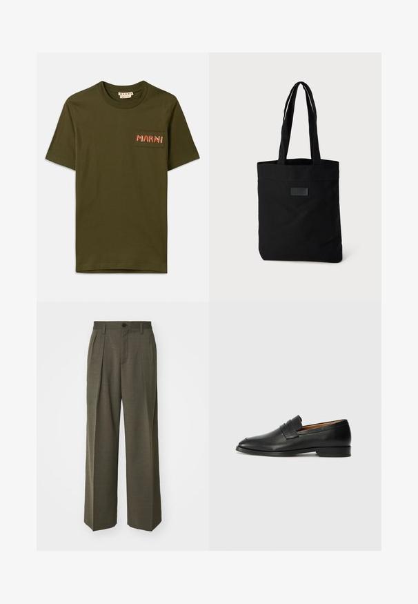 Tricou din bumbac de culoare verde măsliniu, cu guler rotund, având un mic buzunar aplicat și brodat "MARNI" cu fir roșu.; Filippa K WIDE TROUSERS - Pantaloni - driftwood; Lofer din piele neagră, cu vârf rotund, detalii cusute subtile și toc jos, având o textură netedă și un design minimalist.; Geantă tote din pânză neagră cu două mânere, având un vârf plat, o suprafață texturată și un mic logo în relief pe față.