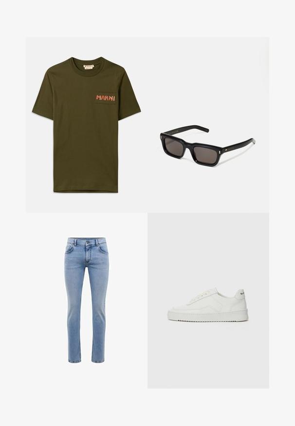 Olive green cotton t-shirt with a crew neck, featuring a small patch pocket and embroidered "MARNI" in red stitching.; Light blue denim jeans with a slim fit, five pockets, and a straight leg design. Features a zipper fly and belt loops. Soft texture.; White leather sneaker with a smooth finish, round toe, flat laces, and a textured sole. Features a subtle logo on the heel.; Black rectangular sunglasses with dark lenses, thick plastic frame, gold accents on temples, and brand logo engraved on the arm.