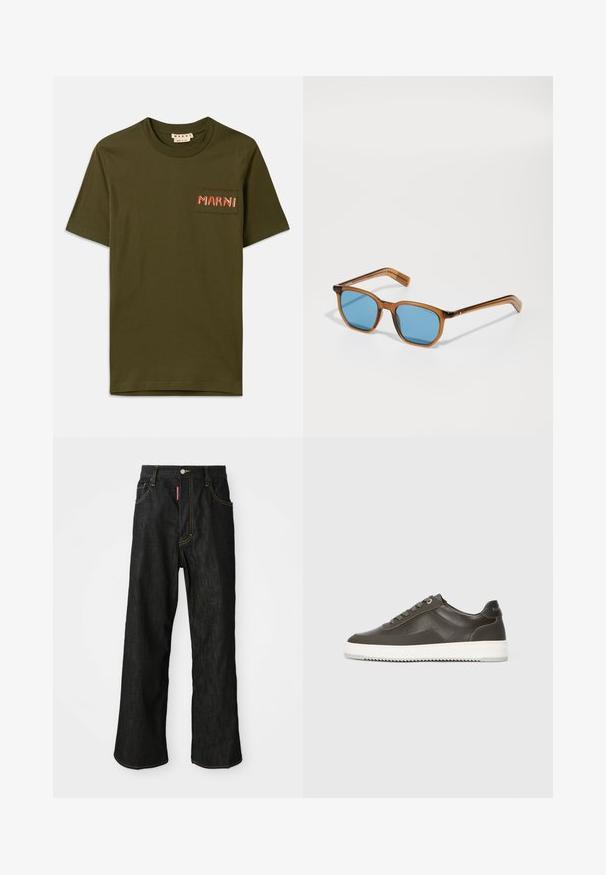 Olivovo zelené bavlnené tričko s okrúhlym výstrihom, s malou náprsné kapsou a vyšívaným nápisom "MARNI" červeným stehom.; Čierne rovné džínsy so žltým prešívaním, s piatimi vreckami, so zapínaním na gombík a malou červenou nášivkou na prednom pravom vrecku.; Tmavošedé kožené tenisky s hladkou textúrou, bielou gumovou podrážkou, plochými šnúrkami a diskrétnym logom na päte. Nízky strih.; Hnedé slnečné okuliare z plastu so modrými sklami, štvorec, tenké ramená, textúrované akcenty na spánkoch a lesklý povrch.