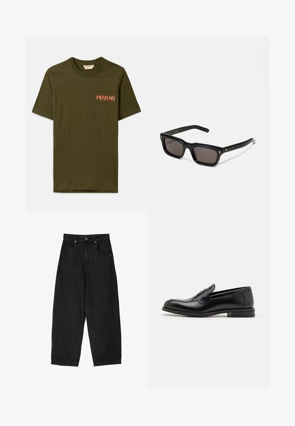 Olivově zelené bavlněné tričko s kulatým výstřihem, s malou náprsní kapsou a vyšitým nápisem "MARNI" červeným stehem.; Černé džíny širokého střihu s vysokým pasem, obsahující pět kapes, zipový zapínací systém a kovový knoflík. Hladká textura, minimální detaily.; Černé kožené polobotky s hladkou texturou, zaoblenou špičkou a zdobným páskem přes nárt. Nízký stohovaný podpatek, minimalistický design.; Černé obdélníkové sluneční brýle s tmavými skly, silným plastovým rámem, zlatými akcenty na spáncích a vyrytým logem značky na nožičce.