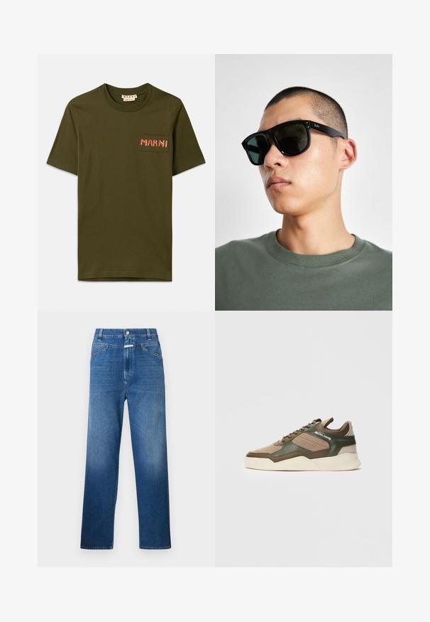 Olívazöld pamut póló kerek nyakkal, egy kis patch zsebbel és vörös hímzéssel ellátott "MARNI" felirattal.; Kék farmernadrág egyenes szárvágással, gombos záródással, övpántokkal és enyhe kopással a comboknál.; Beige és zöld alacsony szárú sportcipő lyukacsos oldalrésszel, fehér talppal, fűzős elülső résszel, és a "FILLING PIECES" márkajelzéssel az oldalfalon.; Fekete, téglalap alakú napszemüveg sötét lencsékkel, jellegzetes formával és márkajelzéssel a szárán. Zöld inget viselő személynél.