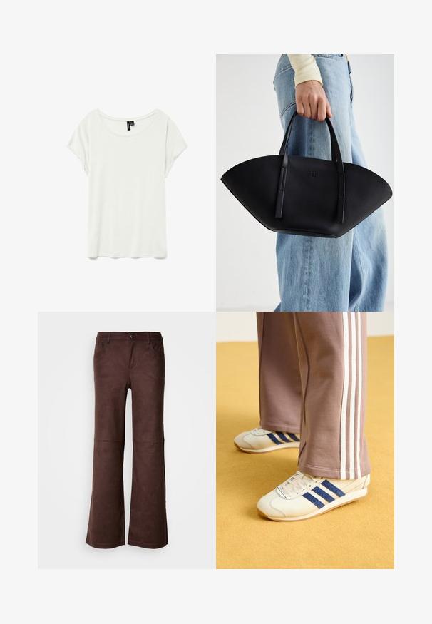 Camiseta blanca de manga corta con escote redondeado, hecha de una tela suave y ligera. Presenta un corte relajado y sin patrones ni acentos visibles.; Pantalones de campana marrones en un tejido suave y parecido al ante. Presentan cuatro bolsillos, un cierre de botón y una superficie lisa y texturizada.; Zapatillas de crema con rayas de ante azul, cordones blancos y suela de goma. Combinadas con pantalones de chándal grises que presentan rayas laterales blancas.; Bolso de mano de cuero negro con una forma de abanico única, que cuenta con asas planas. La superficie tiene una textura de grano y un diseño minimalista.