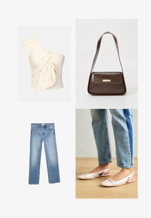 Top v kremni barvi z enim ramenom, izdelan iz gladkega materiala, ki ima velik zasukani vozel spredaj in tesno prileganje.; Modre kavbojke ravnega kroja, z blagim pranjjem, petimi žepi in klasičnim gumbom. Iz bombažnega materiala z opaznim šivom.; Svijetloružičaste slingback balerinke s šiljastim nožnim prstima, napravljene od glatkog materijala nalik koži. Imaju izrezane detalje sa strane i ravne pete.; Rjava usnjena torba za ramo z urejeno obliko, ki ima magnetno zapiranje na pokrovu in kovinski logotip na sprednji strani.