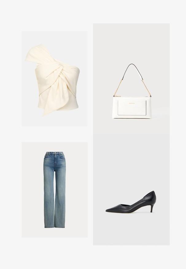 One-shoulder cream top made of smooth fabric, featuring a large twisted knot detail at the front and a snug fit.; High-waisted, straight-leg blue jeans with front pockets, belt loops, and button closure, featuring subtle faded detailing.; Black leather pump with a pointed toe and low heel. Features a smooth texture and subtle sheen. Open cut at the front for added detail.; White leather handbag with a textured finish, featuring a gold chain strap and black accents. Includes a front pocket and zipper closure.