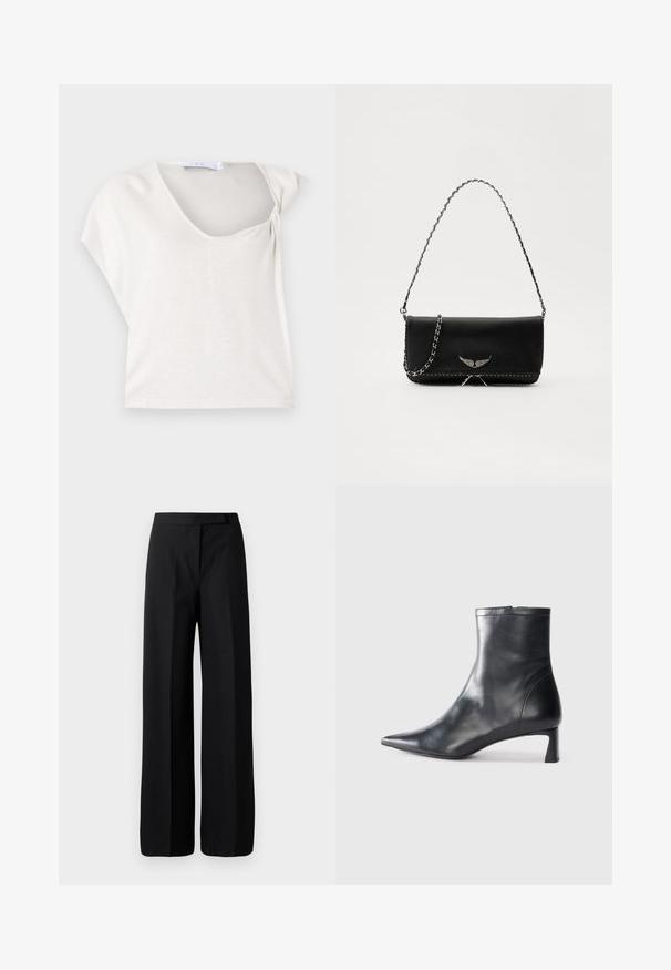 Šviesiai pilkas trumpas rankovės viršus su švelniai krentanti struktūra ir apvaliu kaklu, pasižymintis tekstūruotu, audiniu, kuris suteikia papildomą dimensiją.; Plati juodos kelnės su lygiu, matinį paviršių. Lygus liemuo be matomų detalių ar raštų. Paprastas ir elegantiškas dizainas.; Juodas odinis kulkšninis batas su smailiu pirštu ir elegantišku dizainu. Turi žemą kulną ir užtrauktuką gale. Lygi tekstūra.; Juodas odinis delninukas su sidabro spalvos grandinele, papuoštas dekoratyviniais sparnų akcentais ir balta siūle apačioje.