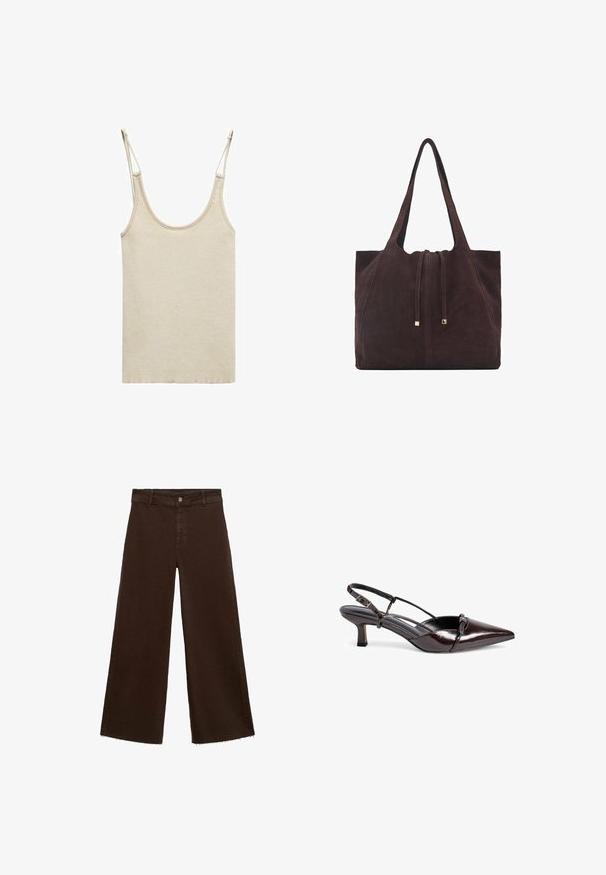 Ribbed tank top in a light beige color with thin adjustable straps. Features a scooped neckline and a straight hem. Smooth texture.; Brown wide-leg trousers in cotton blend, featuring a frayed hem, front button closure, and classic five-pocket design. Minimalistic and versatile.; Brown patent leather slingback pump with a pointed toe, small block heel, cross-strap design, and decorative bow detail on the front.; Mango Tote bag - dark brown
