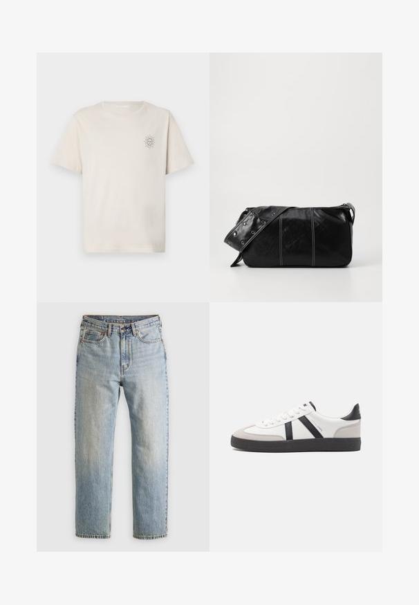 Kremna kratka majica s kratkimi rokavi, izdelana iz bombaža, z majhno grafiko sonca na levem prsnem delu. Preprosto krojen okrogli izrez in sproščen kroj.; Svetlo modri džins hlače z visokim pasom, sprednjim gumbom, zadrgo in petimi žepi, laid flat na nevtralni podlagi.; Bela športna obutev z črnimi in sivo akcenti, z teksturirano sivo kapico za prste, črnim gumijastim podplatom in ravnimi belimi vezalkami. Čista zasnova, minimalistični slog.; Črna usnjena torba za ramo z zadrgo, ki ima teksturirano telo, belo šivanje in trak s srebrnimi luknjami.