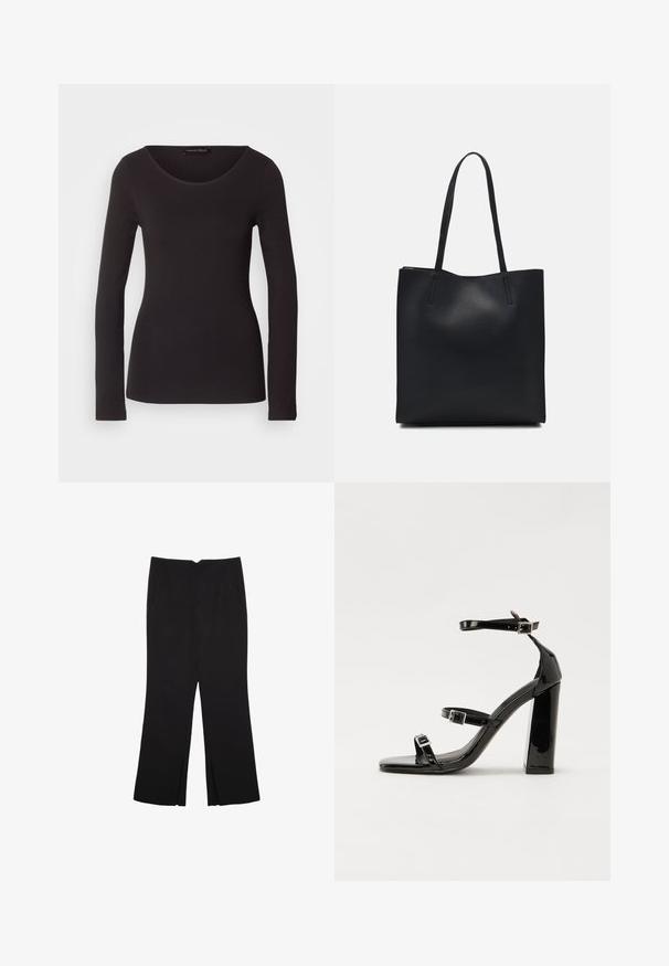 Sort langærmet top lavet af glat stof med rund halsudskæring og tætsiddende silhuet; har ingen mønstre eller detaljer.; Sorte bukser med lige pasform, der har frontlommer og slidser i kanten. Lavet af blødt, glat stof. Velegnet til forskellige anledninger.; Sorte patenterede hælsandaler med firkantet tå, ankelremme og sølvspænder. Har en chunky blokHæl for stabilitet.; Sort læder tote taske med glat tekstur, rektangulær form og to lange hanke. Ingen synlig hardware eller udsmykninger.