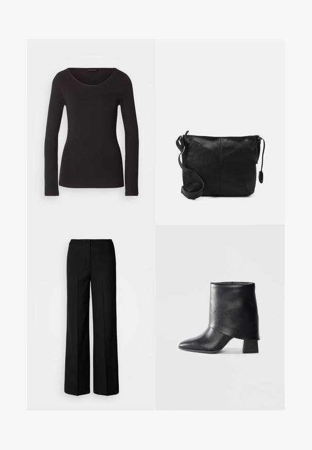 Sort langærmet top lavet af glat stof med rund halsudskæring og tætsiddende silhuet; har ingen mønstre eller detaljer.; Sorte brede bukser i glat stof, med høj talje, skræddersyede sømme og et minimalistisk design. Ingen synlig hardware eller lommer.; Sort læder ankelstøvle med spids tå, glat tekstur og en struktureret blokhæl. Har et højt, foldet kravedesign.; Sort læder crossbody taske med flad form, guld hardware detaljer og justerbar skulderrem. Glat tekstur med minimale syninger.