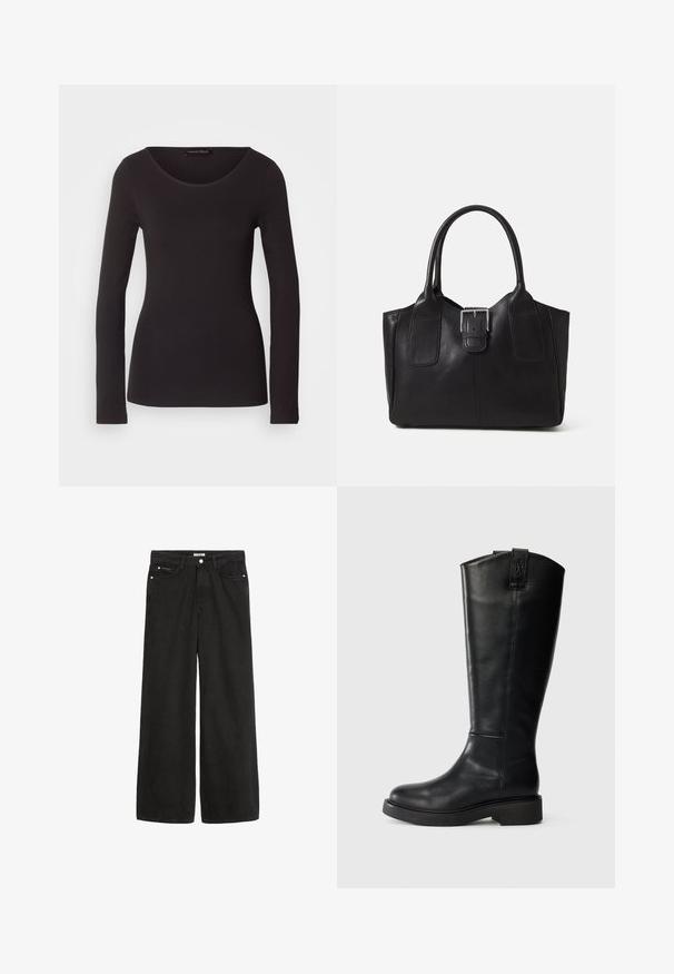 Čierny top s dlhým rukávom vyrobený z hladkej látky s okrúhlym výstrihom a priliehavým strihom; nemá žiadne vzory ani akcenty.; Široké čierne denímové džínsy s vysokým pásom. Obsahujú päť vreciek, kovové doplnky a čistý vzhľad. Textúra je hladká a jemná.; Čierna kožená vysoká čižma po kolená s okrúhlou špičkou, hrubou podrážkou, minimálnym šitím a logom na zadnej strane. Hladká textúra.; Čierna kožená taška s hladkou textúrou, štruktúrovaným tvarom, dvoma uchami a výrazným strieborným prackovým detailom na prednej strane.
